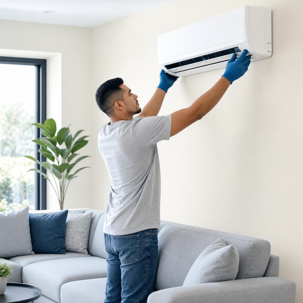 Técnico instalando un aire acondicionado split en una sala moderna